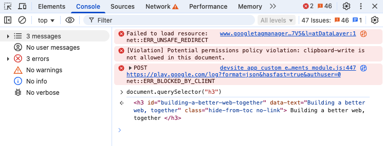 Screenshot of the browser console in Chrome DevTools