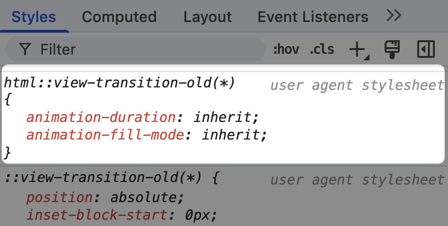The ::view-transition-old pseudo element inherits the CSS animation-duration property