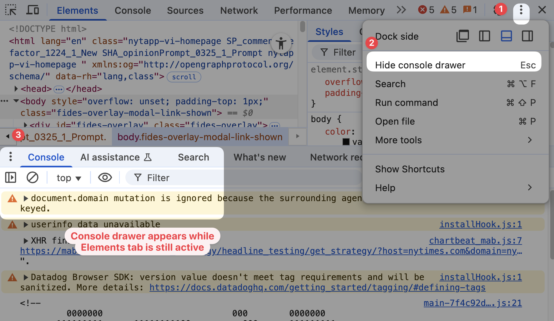 DevTools console drawer