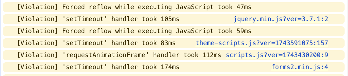 Forced reflow violation in the DevTools console